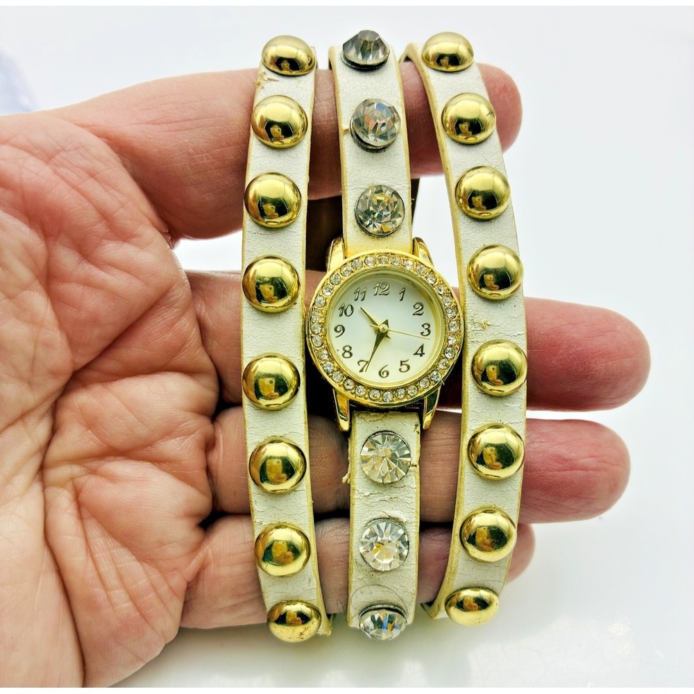 Womens Wrap Watch White Leather Gold Tone Studded Rhinestone Strap Quartz